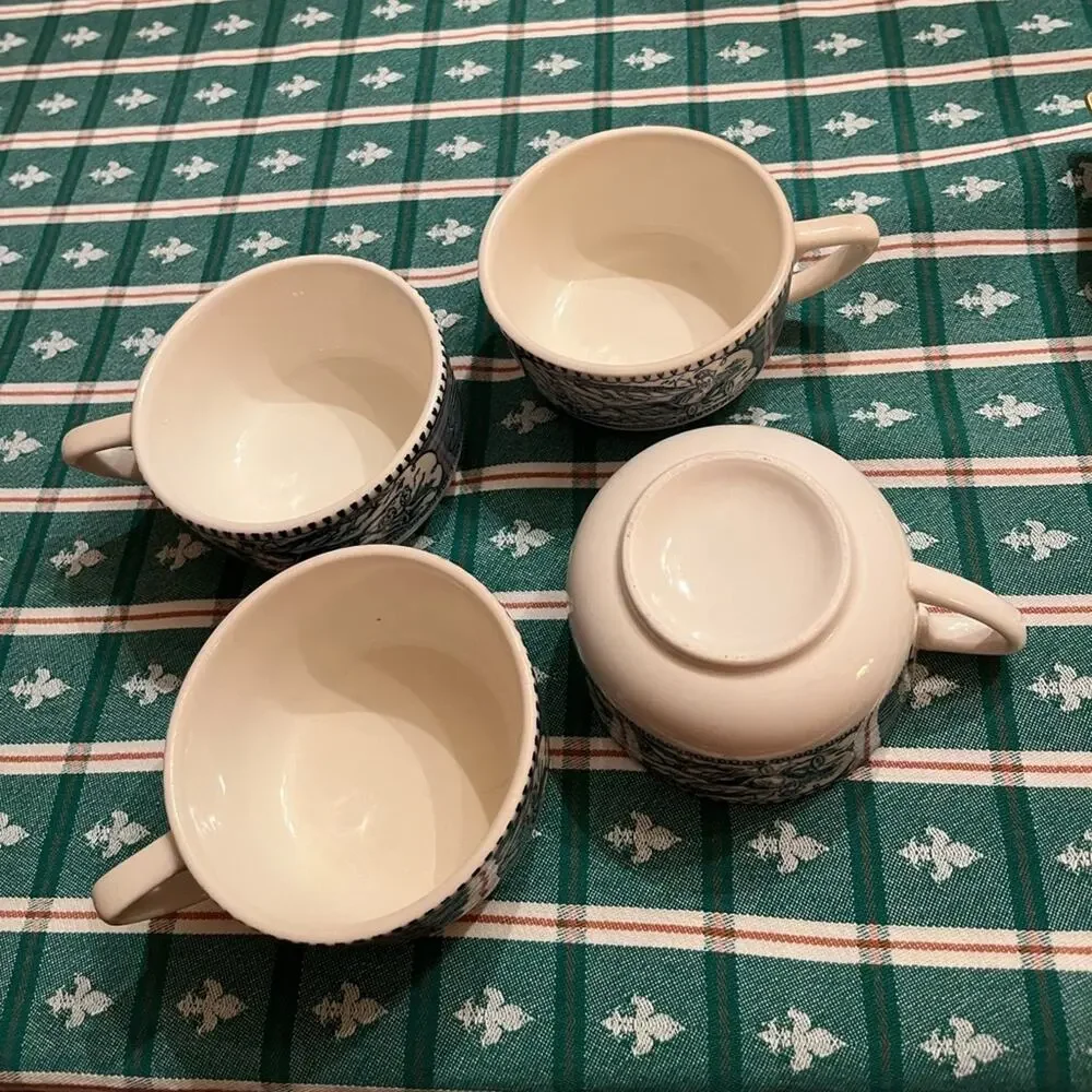 Set of Four Currier & Ives Coffee Cups Horse Buggy Cups Cup Mug Blue Royal China